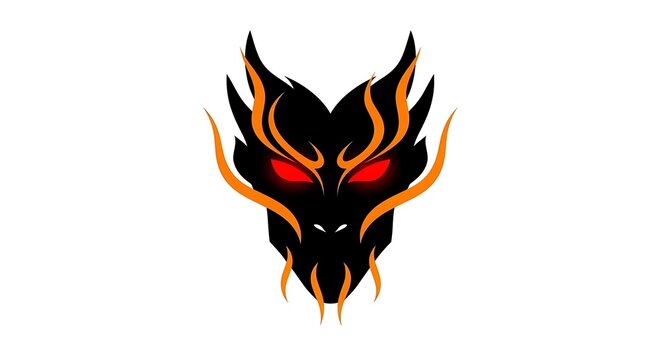 Stylized black dragon head with glowing red eyes and orange flame accents on a white background.
