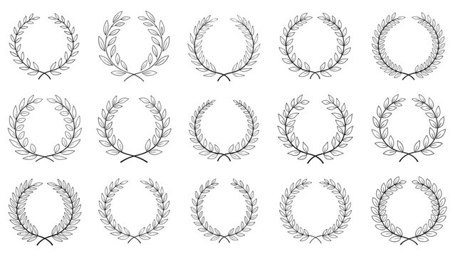 Set of various laurel, olive, and wheat wreaths symbolizing victory, peace, and achievement in black line art.