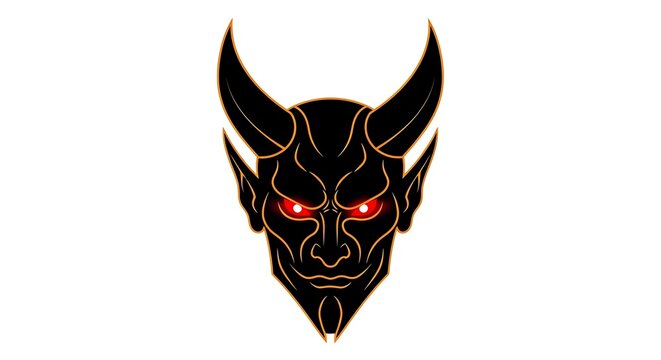 Black devil head with glowing red eyes and sharp horns isolated on white background