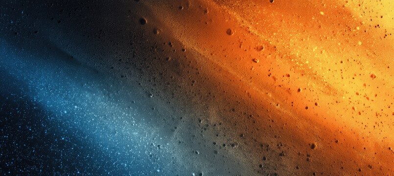 A striking abstract composition features a dramatic split between cool blues and warm oranges, creating a visually dynamic contrast.