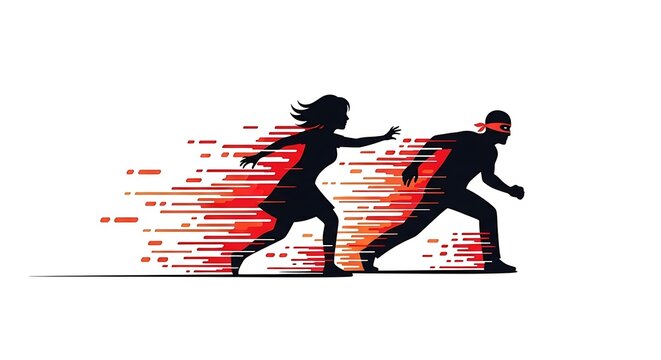 Silhouettes of a man and a woman running with fast motion blur effect on white background