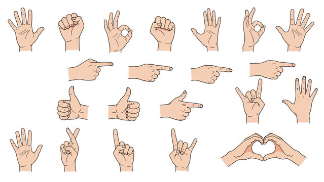 Large set of human hand gestures showing common signs like thumbs up, peace, pointing, and heart shape.