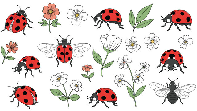 Set of colorful ladybugs and bees with various spring flowers and green leaves isolated on a white background.