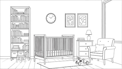 Hand drawn interior sketch of a study with bookshelves desk and piano © freelancemoment