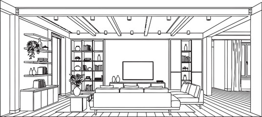 Elegant interior design sketch a luxurious living room with bookshelves and modern furniture © freelancemoment