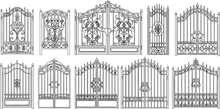 Intricate architectural drawings of ornate gates and decorative ironwork designs in black and white