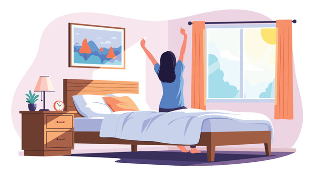 Young woman stretching in bed and waking up in a cozy sunlit bedroom with a mountain landscape painting.