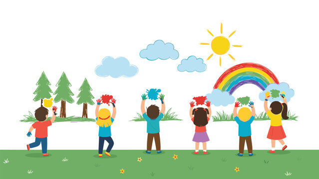 Group of young children painting a colorful mural of trees, clouds, a sun, and a rainbow on a large white wall.