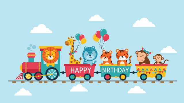 Colorful birthday train carrying cute animals like a lion, giraffe, tiger, and monkey, ideal for children's party invitations and nursery decor.