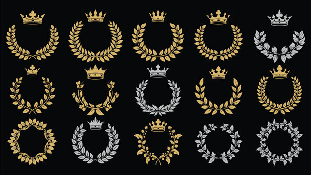 Elegant set of golden and silver laurel wreaths topped with crowns, suitable for formal awards, professional certificates, and luxury branding.