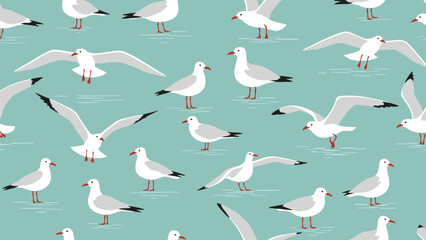 Fototapeta premium Seamless pattern of various seagulls standing and flying over light blue water in a flat cartoon style illustration.