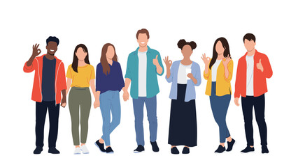 Obraz premium Diverse group of young men and women standing together while displaying various positive hand gestures like peace signs and thumbs up.