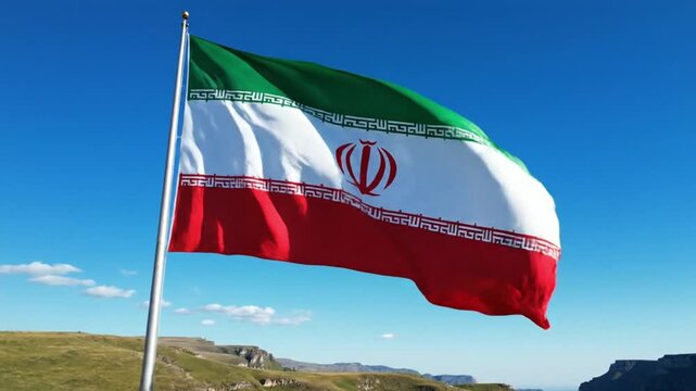 National Flag of Iran Waving on Flagpole Against Clear Blue Sky and Mountain Landscape