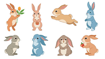 Obraz premium Collection of cute rabbits and bunnies in different colors and poses like jumping, sitting, and holding a flower or a fresh red apple.