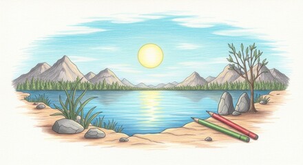 Naklejka premium A tranquil lake scene with mountains in the background, a sun shining, and a tree on the shore. Rocks and grass are visible on the shore, and two colored pencils are on the sand.