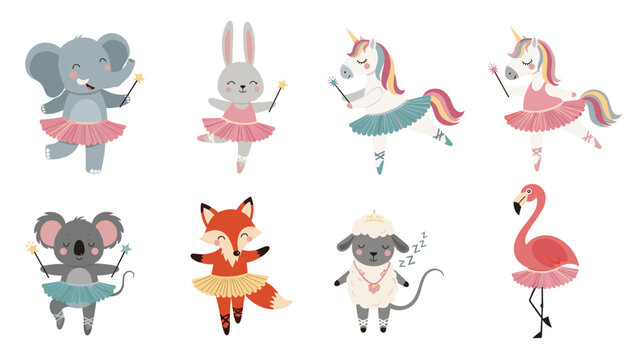 Adorable animals like an elephant, rabbit, unicorn, and flamingo dressed as ballerinas in pink tutus with magic wands in a whimsical scene.