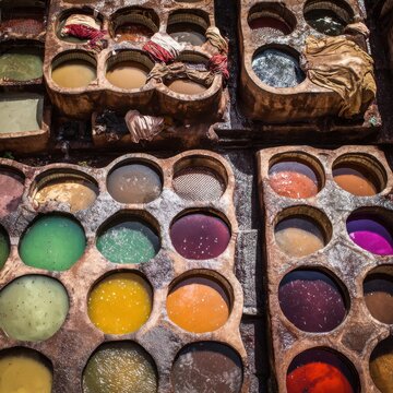 Traditional leather tannery in Fez, Morocco, colorful dye vats viewed from above, authentic texture and labor