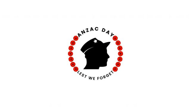 Animated tribute for ANZAC Day a soldier silhouette, red poppy flower wreath, and Lest We Forget text. Ideal for Australian and New Zealand remembrance ceremonies and memorial videos.