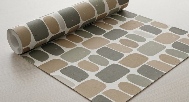 A roll of wallpaper with a geometric pattern of beige and brown squares on a white background.