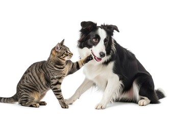 Fototapeta premium A playful tabby cat reaching out to touch the face of a black and white border collie dog, isolated on white background