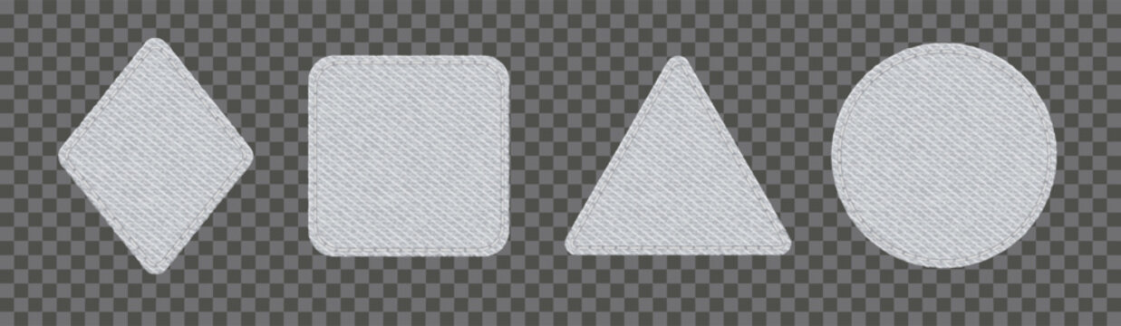 White denim patches different geometric shapes. Jean fabric pieces isolated on transparent background. Square, circle, triangle and rhombus with white denim texture and embroidery, vector illustration