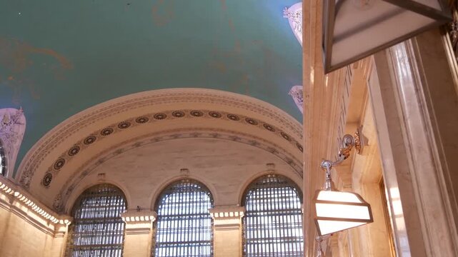 New York City Grand Central Terminal on 42 street, United States. Architecture inside railway building. American public passenger transportation in Manhattan Midtown, NYC. Railroad station interior.