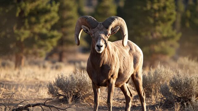 Majestic Bighorn Sheep With Large Curved Horns Standing in Dry Grassland With Pine Trees in Background