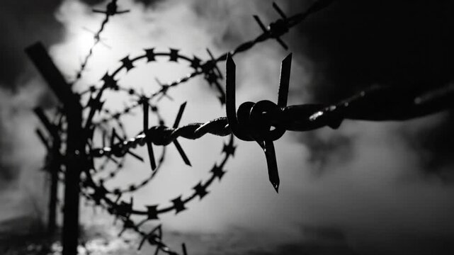 Dramatic black and white close-up of barbed wire fence with dark, moody fog, representing imprisonment.