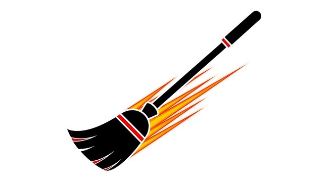 A black broom with red stripes is flying through the air