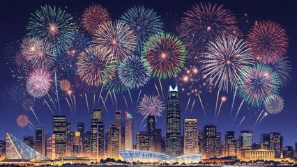 Obraz premium vibrant fireworks display over modern city skyline at night