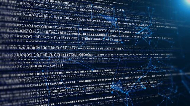 Technology sampling code flowing lines of a programing 4K motion concept of artificial intelligence and computer cyber security
