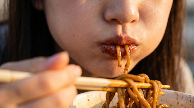 Close up of person eating black bean noodles with chopsticks