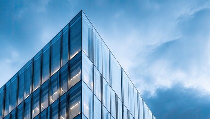Obraz premium A modern glass skyscraper reaches towards a bright, cloudy sky.