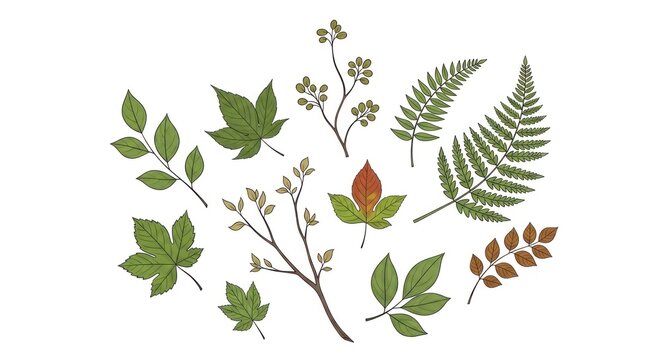 A collection of various plant leaves and branches, including ferns, leaves, and twigs, arranged in a circular pattern on a white background.
