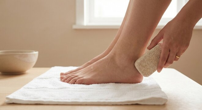 Woman exfoliating heel with pumice stone for skincare