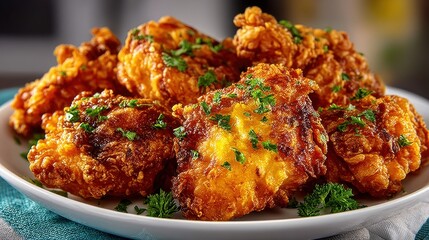 Fototapeta premium Crispy Golden Fried Chicken Pieces on Plate Garnished with Fresh Herbs and Parsley Served on a Wooden Table in a Professional Kitchen Environment