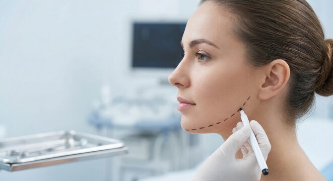 Surgeon marking woman's jawline for cosmetic procedure