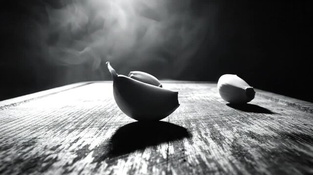 Dramatic slow-motion view of garlic cloves falling onto a rustic wooden cutting board with moody lighting and smoke