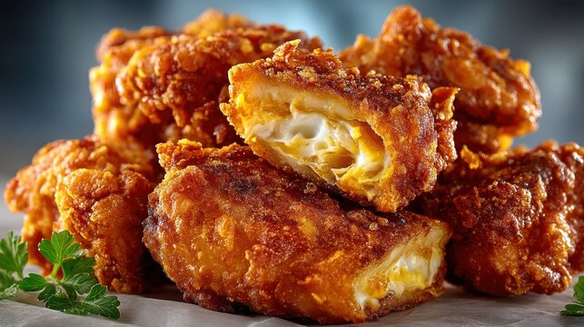 Crispy fried chicken pieces with golden-brown coating and gooey cheese filling served on a rustic wooden surface ideal for food photography and recipes