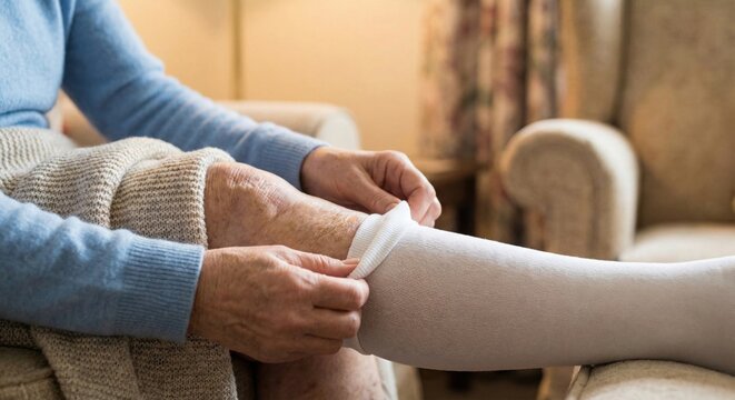 Caregiver putting compression stocking on elderly leg