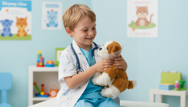 Happy young male child playing veterinarian, examining a stuffed dog toy while wearing a doctor's uniform and stethoscope in a friendly clinic setting.