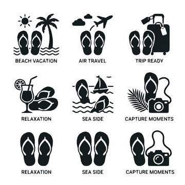 Summer vacation flip flop icons with beach themed elements including travel and relaxation symbols