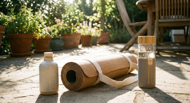 Eco-friendly cork yoga mat and bottles on sunny stone patio