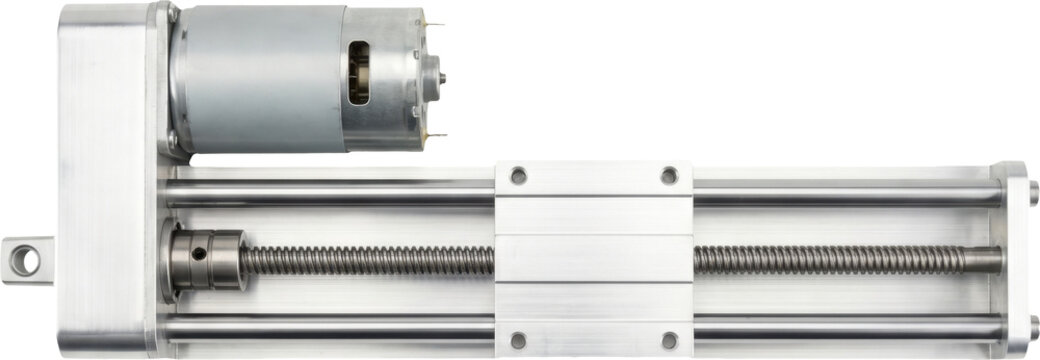 Linear actuator with DC motor and lead screw isolated on transparent background