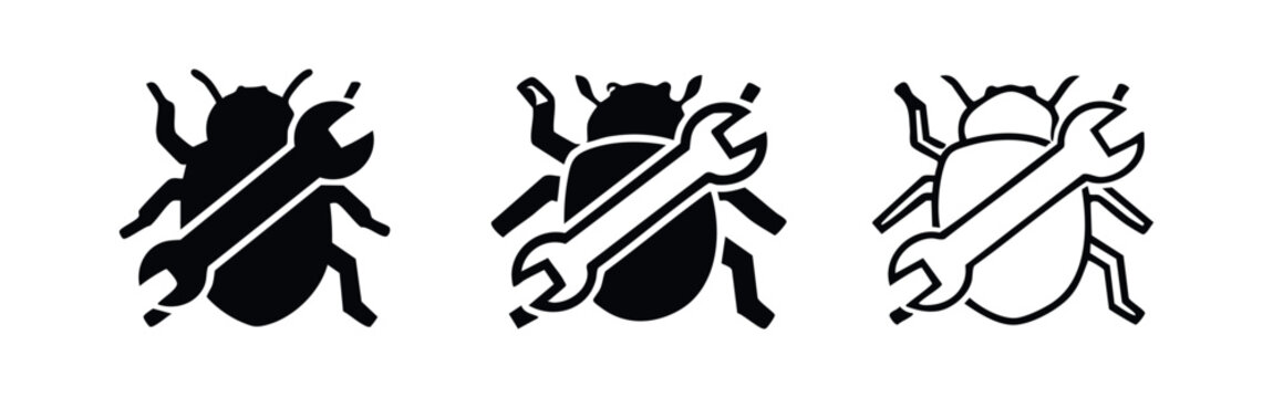 Bug with wrench tool icon set, software debugging and computer fix symbol, system maintenance, vector silhouette