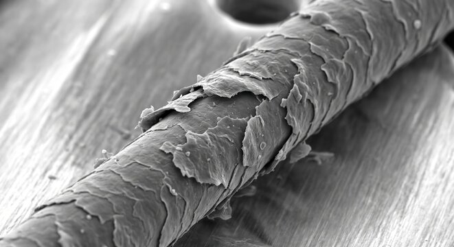 SEM image of hair strand with swelling cuticle scales