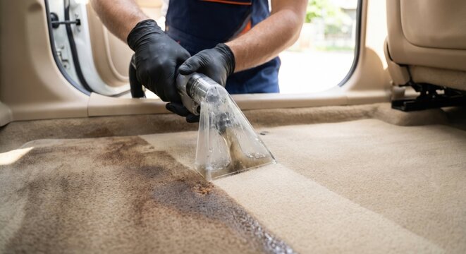 Professional car detailing extractor cleaning carpet stains