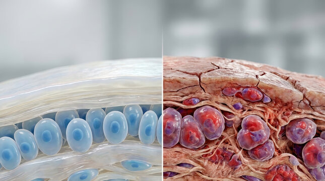 Healthy joint cartilage vs arthritis inflammation medical concept illustration showing smooth articular surface compared with damaged tissue and swollen cells for pain and stiffness education