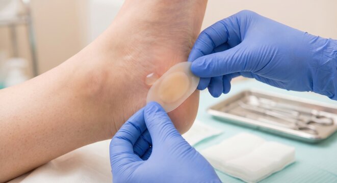 Applying hydrocolloid bandage to heel blister in medical setting