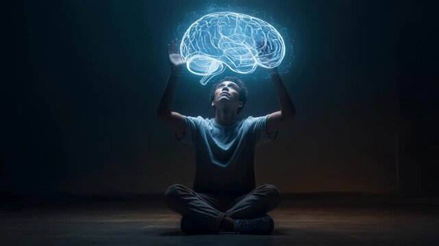 Man in meditation pose with glowing digital brain hologram visualization above head representing mindfulness, focus, and cognitive enhancement